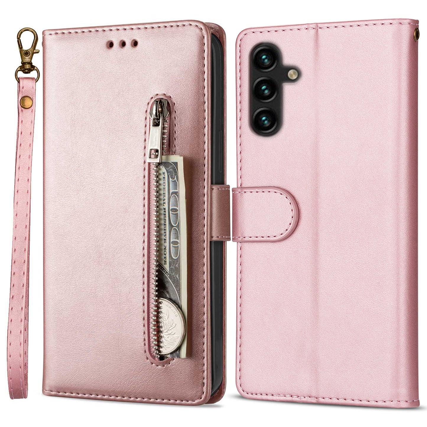 For Samsung Galaxy A16 4G / 5G Case Anti-Scratch Zipper Wallet Leather Phone Cover - Rose Gold