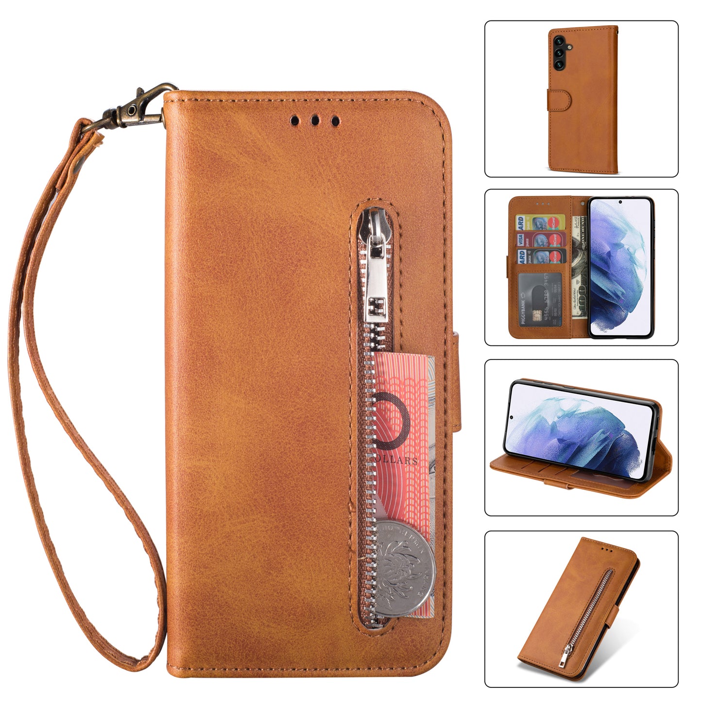 For Samsung Galaxy A16 4G / 5G Case Anti-Scratch Zipper Wallet Leather Phone Cover - Brown
