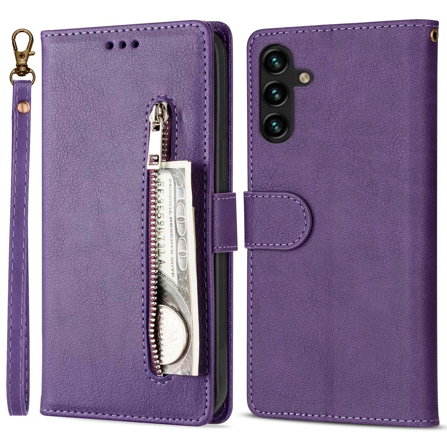 For Samsung Galaxy A16 4G / 5G Case Anti-Scratch Zipper Wallet Leather Phone Cover - Purple