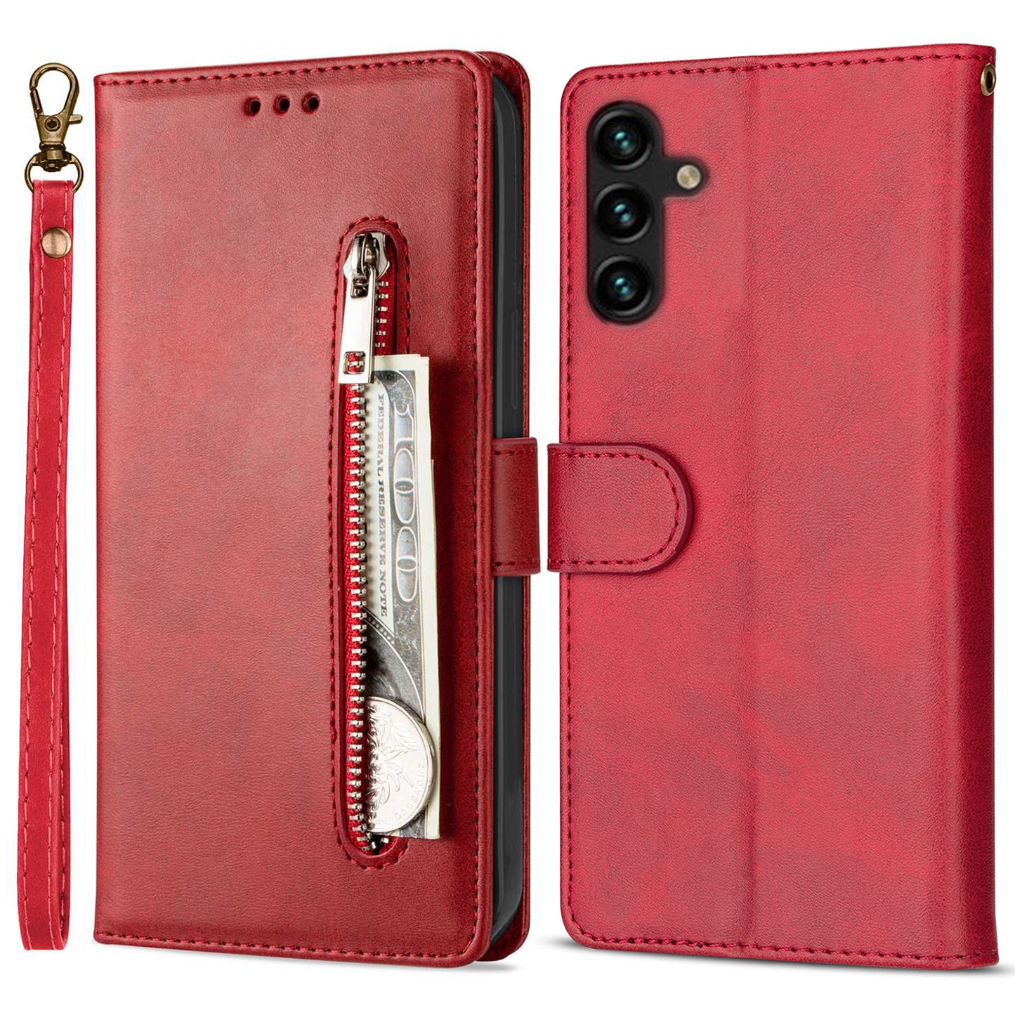 For Samsung Galaxy A16 4G / 5G Case Anti-Scratch Zipper Wallet Leather Phone Cover - Red