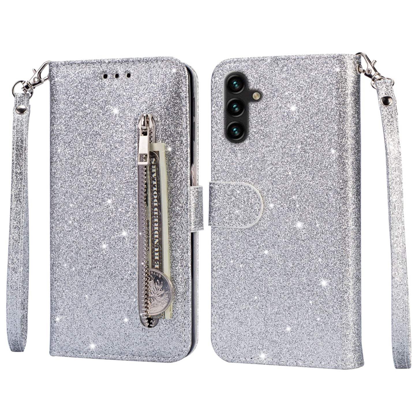 For Samsung Galaxy A16 5G / 4G Stand Case Glitter Phone Leather Cover Zipper Pocket - Silver