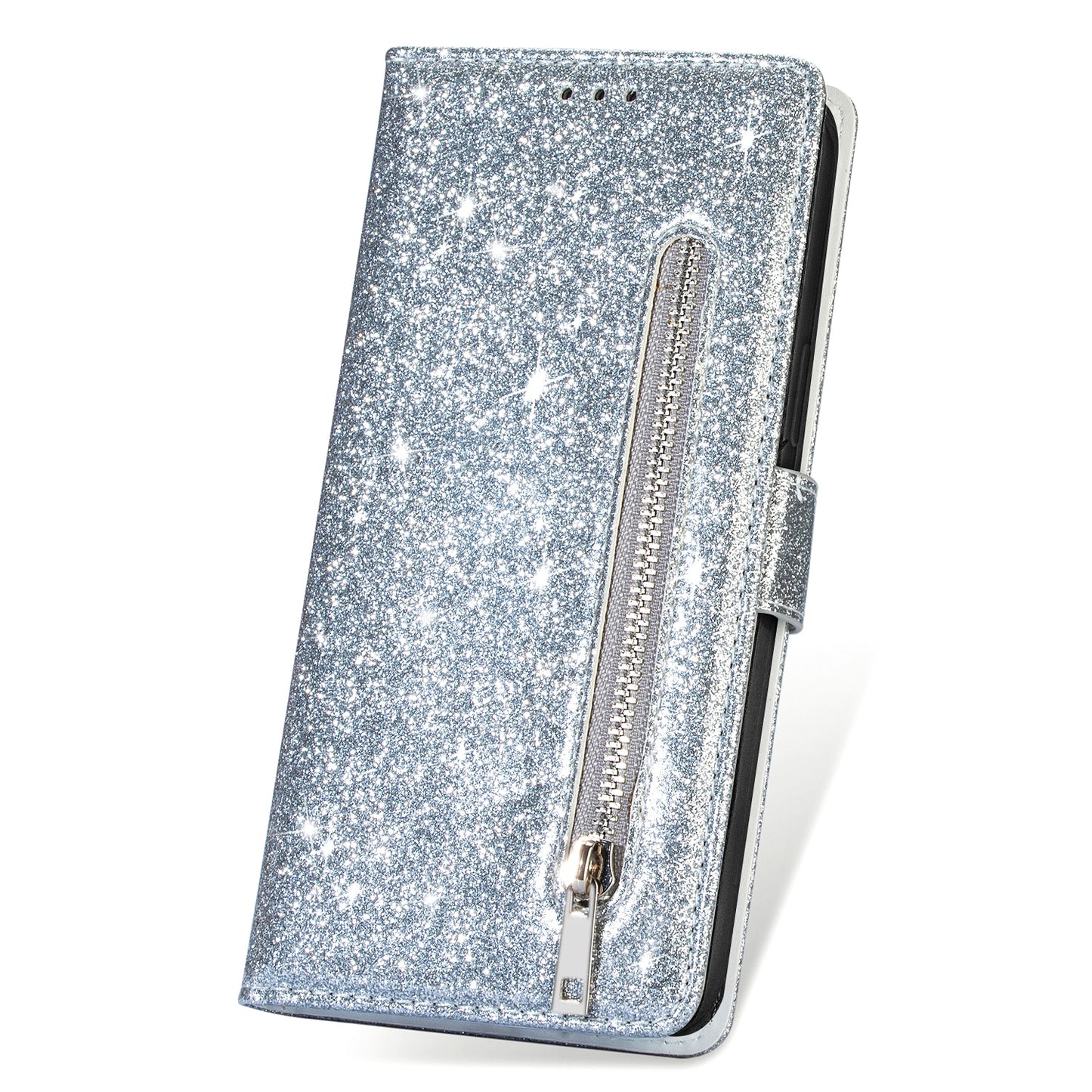 For Samsung Galaxy A16 5G / 4G Stand Case Glitter Phone Leather Cover Zipper Pocket - Silver