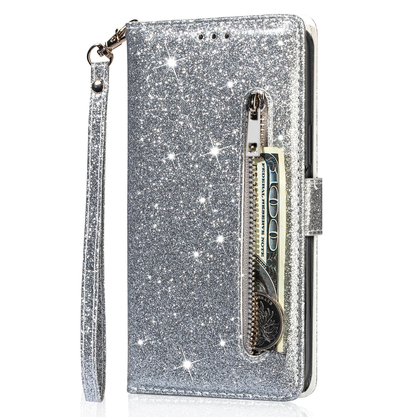For Samsung Galaxy A16 5G / 4G Stand Case Glitter Phone Leather Cover Zipper Pocket - Silver