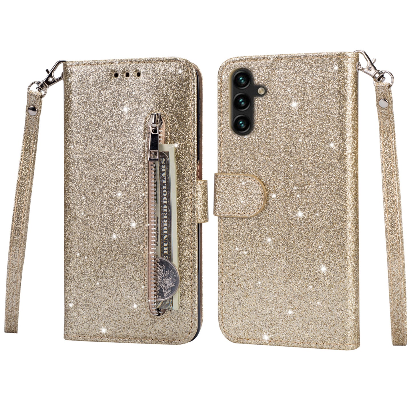 For Samsung Galaxy A16 5G / 4G Stand Case Glitter Phone Leather Cover Zipper Pocket - Gold