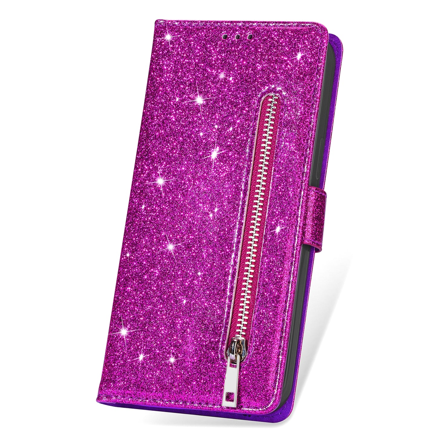 For Samsung Galaxy A16 5G / 4G Stand Case Glitter Phone Leather Cover Zipper Pocket - Purple