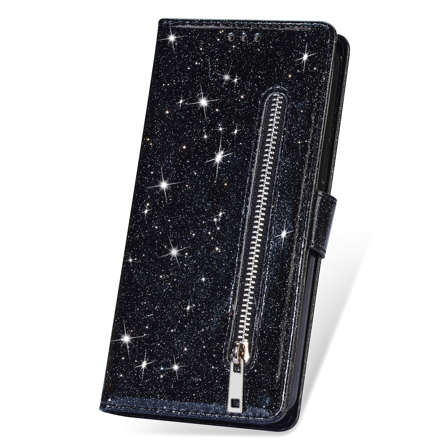 For Samsung Galaxy A16 5G / 4G Stand Case Glitter Phone Leather Cover Zipper Pocket - Black
