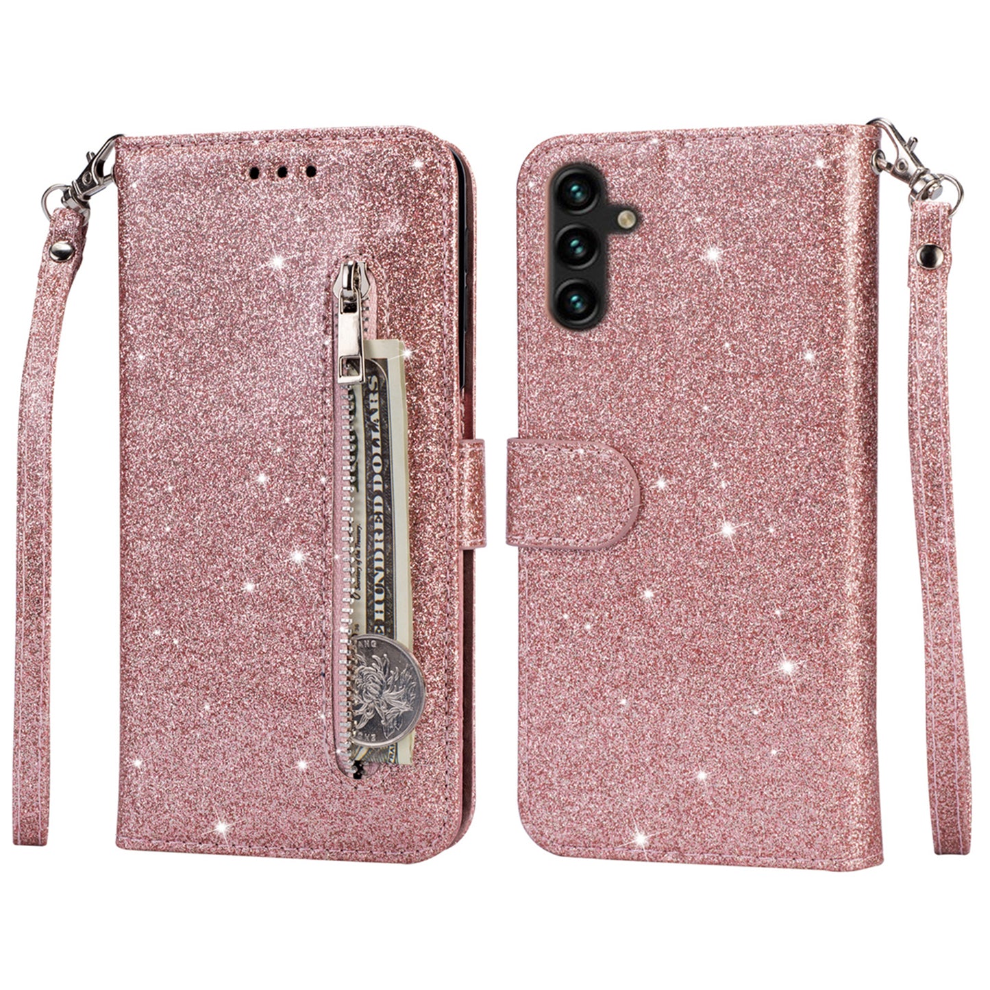 For Samsung Galaxy A16 5G / 4G Stand Case Glitter Phone Leather Cover Zipper Pocket - Rose Gold