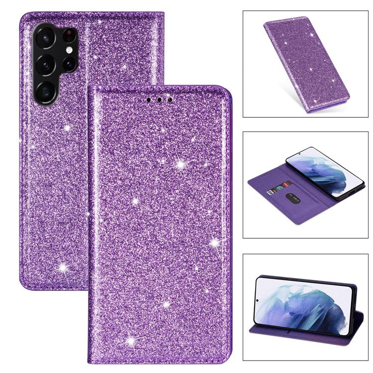 For Samsung Galaxy S25 Ultra Case Glittery PU Leather+TPU Card Slot Phone Cover - Purple