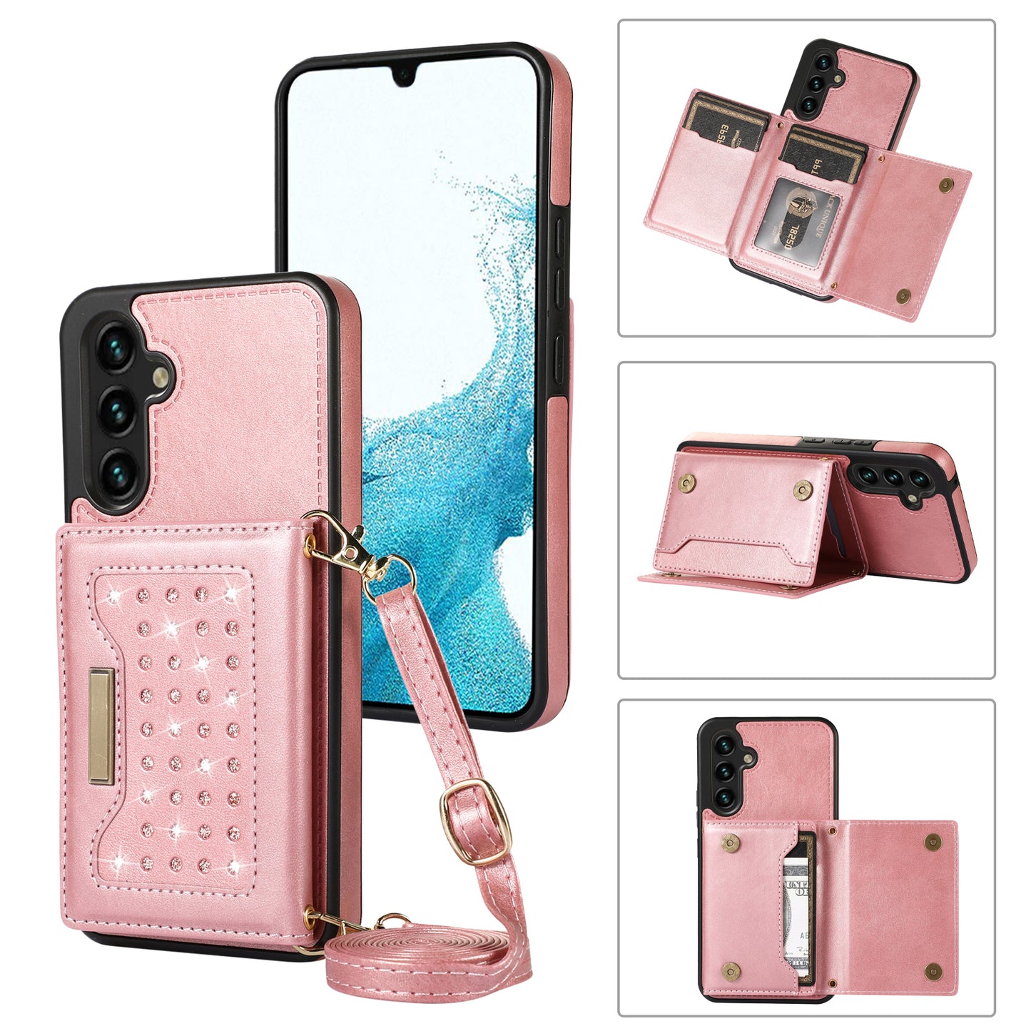For Samsung Galaxy A16 5G / 4G Case Wallet RFID Blocking TPU Leather Phone Cover with Lanyard - Rose Gold