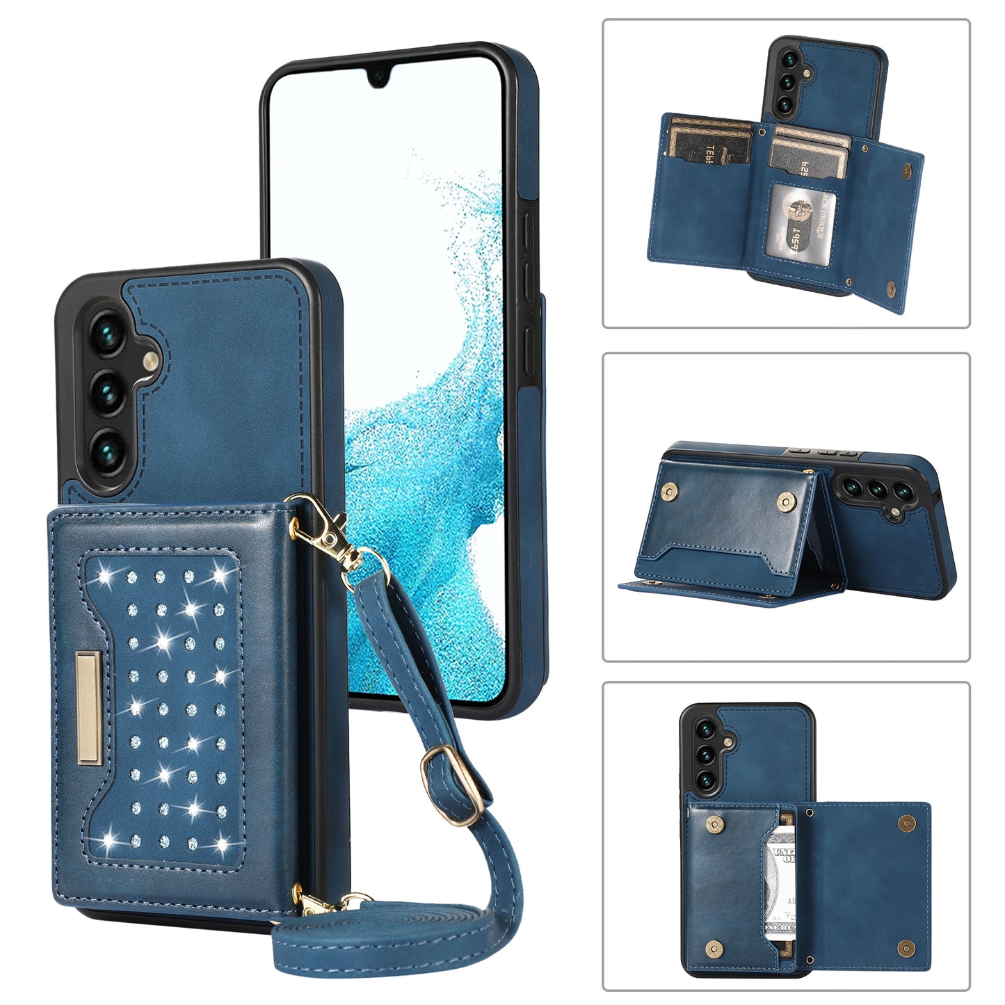 For Samsung Galaxy A16 5G / 4G Case Wallet RFID Blocking TPU Leather Phone Cover with Lanyard - Blue