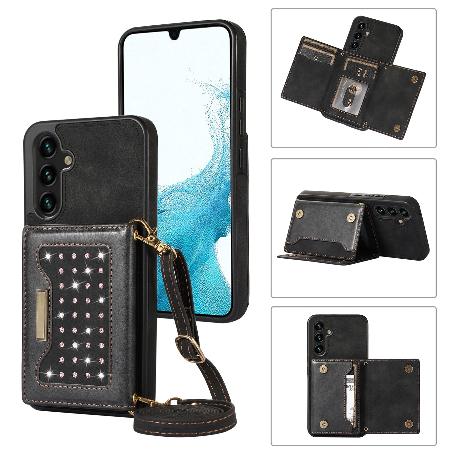 For Samsung Galaxy A16 5G / 4G Case Wallet RFID Blocking TPU Leather Phone Cover with Lanyard - Black