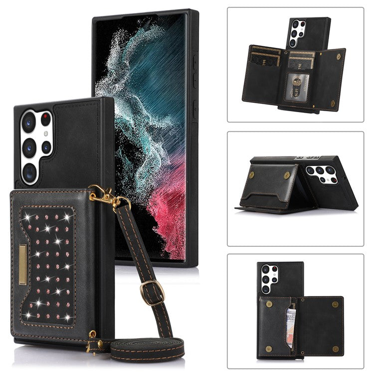 For Samsung Galaxy S25 Ultra Case Wallet RFID Blocking TPU Leather Phone Cover with Lanyard - Black