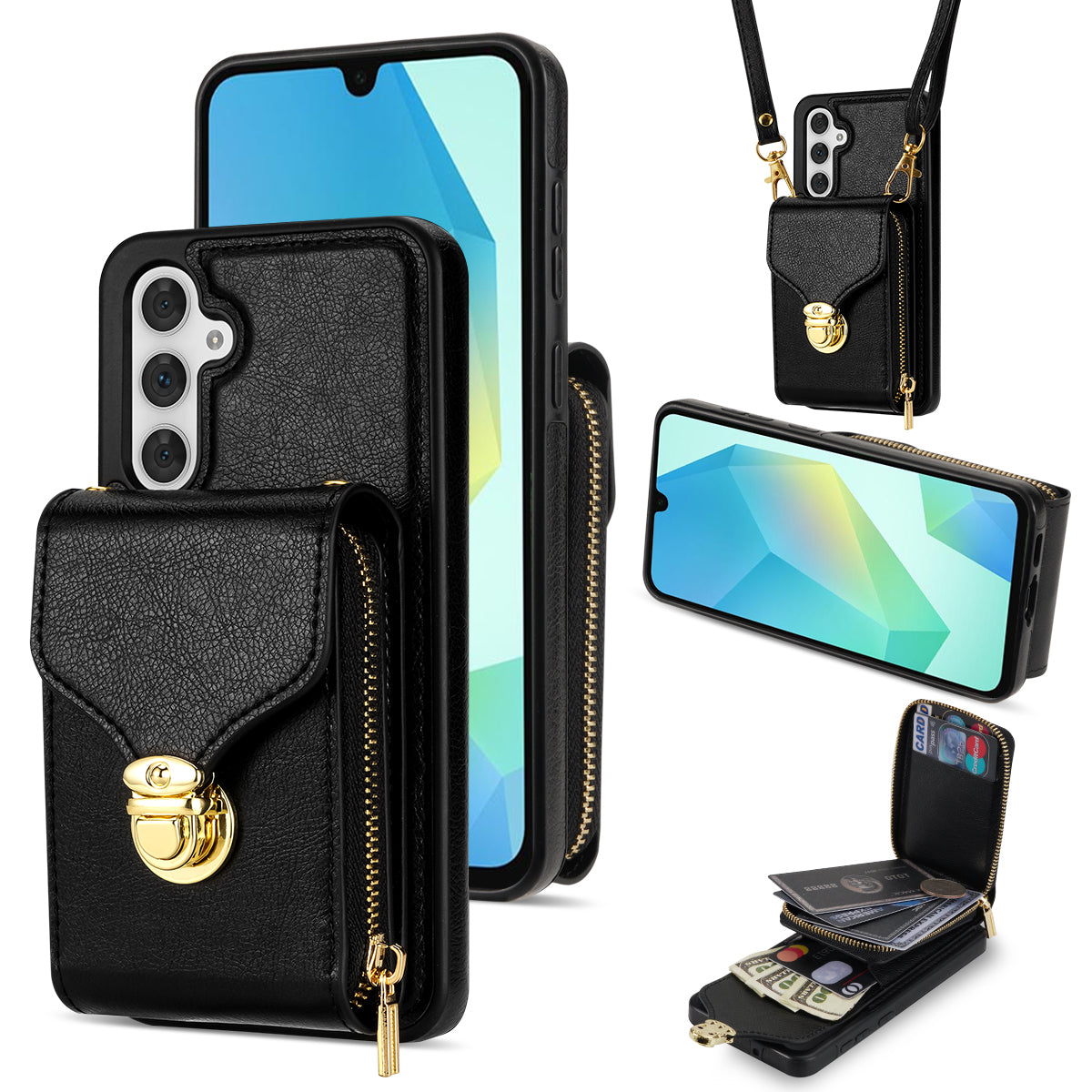 For Samsung Galaxy A16 5G / 4G Case Zipper Wallet Leather+TPU Phone Cover with Strap - Black