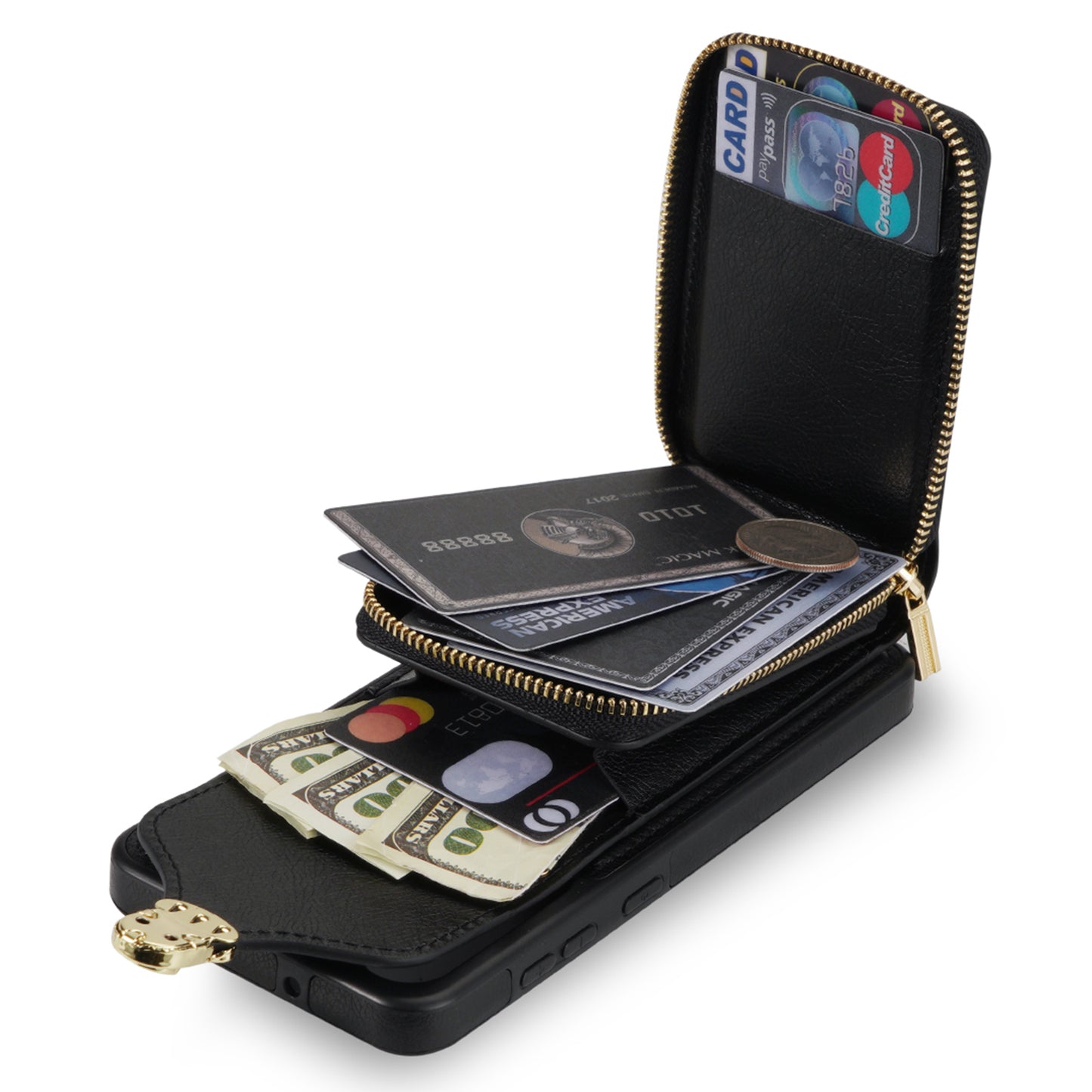 For Samsung Galaxy A16 5G / 4G Case Zipper Wallet Leather+TPU Phone Cover with Strap - Black