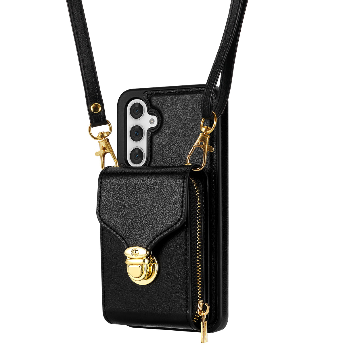 For Samsung Galaxy A16 5G / 4G Case Zipper Wallet Leather+TPU Phone Cover with Strap - Black