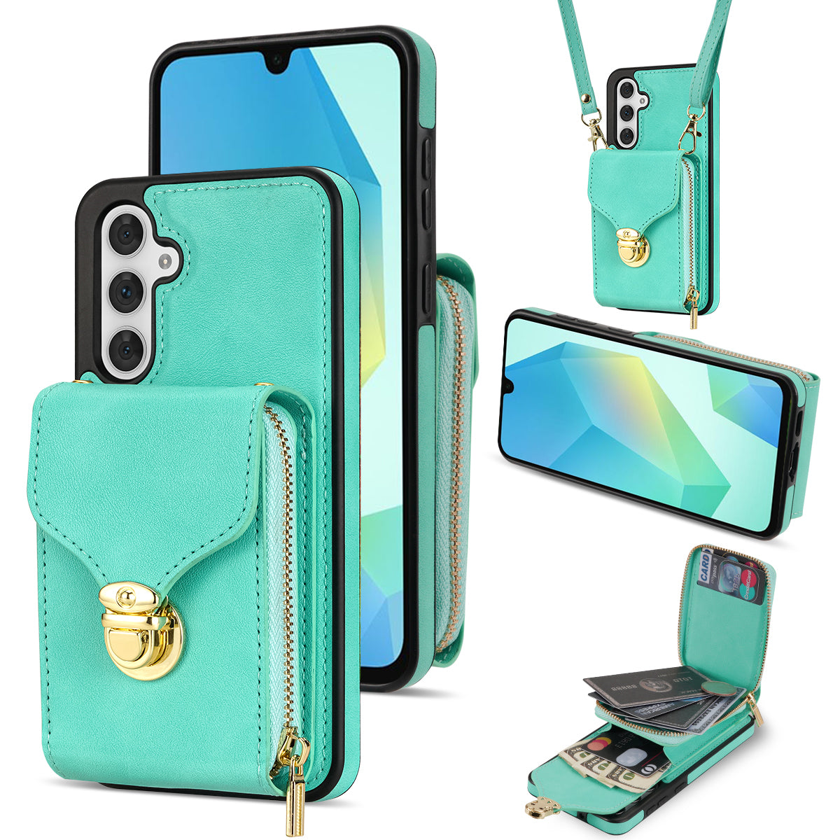 For Samsung Galaxy A16 5G / 4G Case Zipper Wallet Leather+TPU Phone Cover with Strap - Mint Green