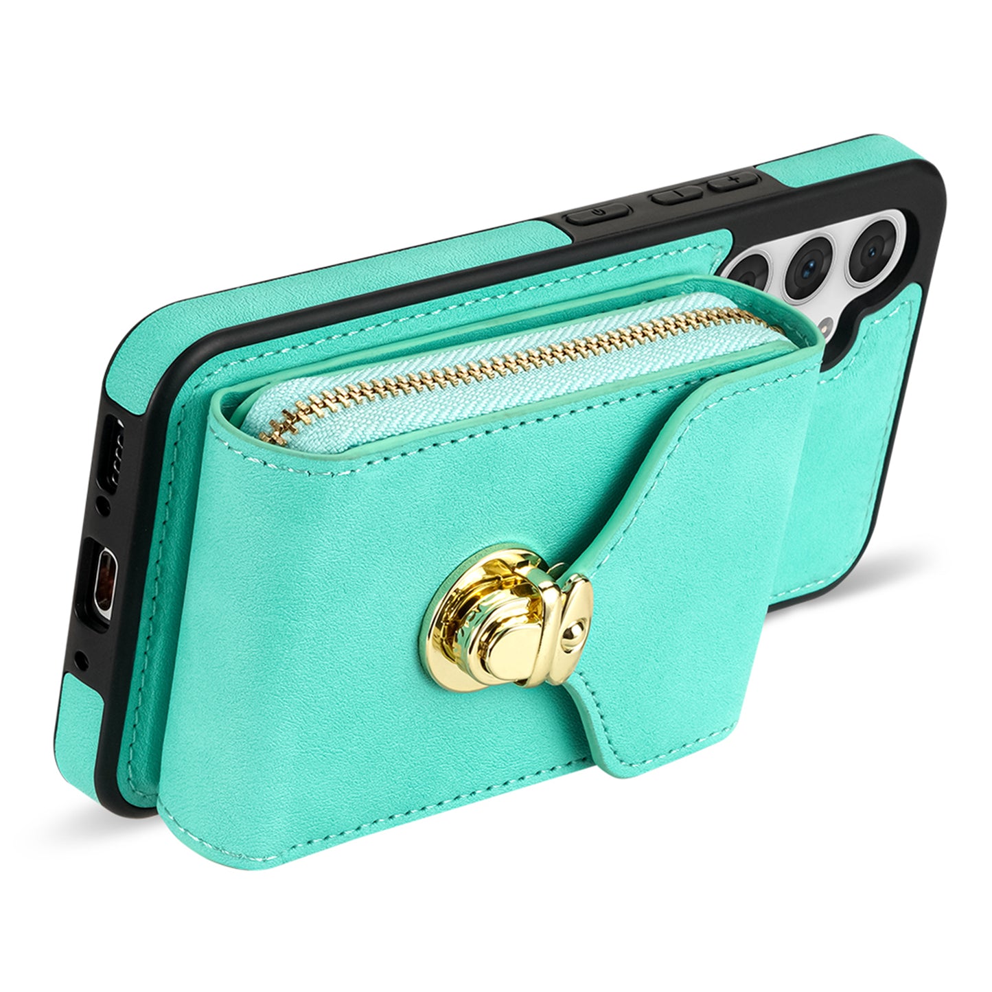 For Samsung Galaxy A16 5G / 4G Case Zipper Wallet Leather+TPU Phone Cover with Strap - Mint Green