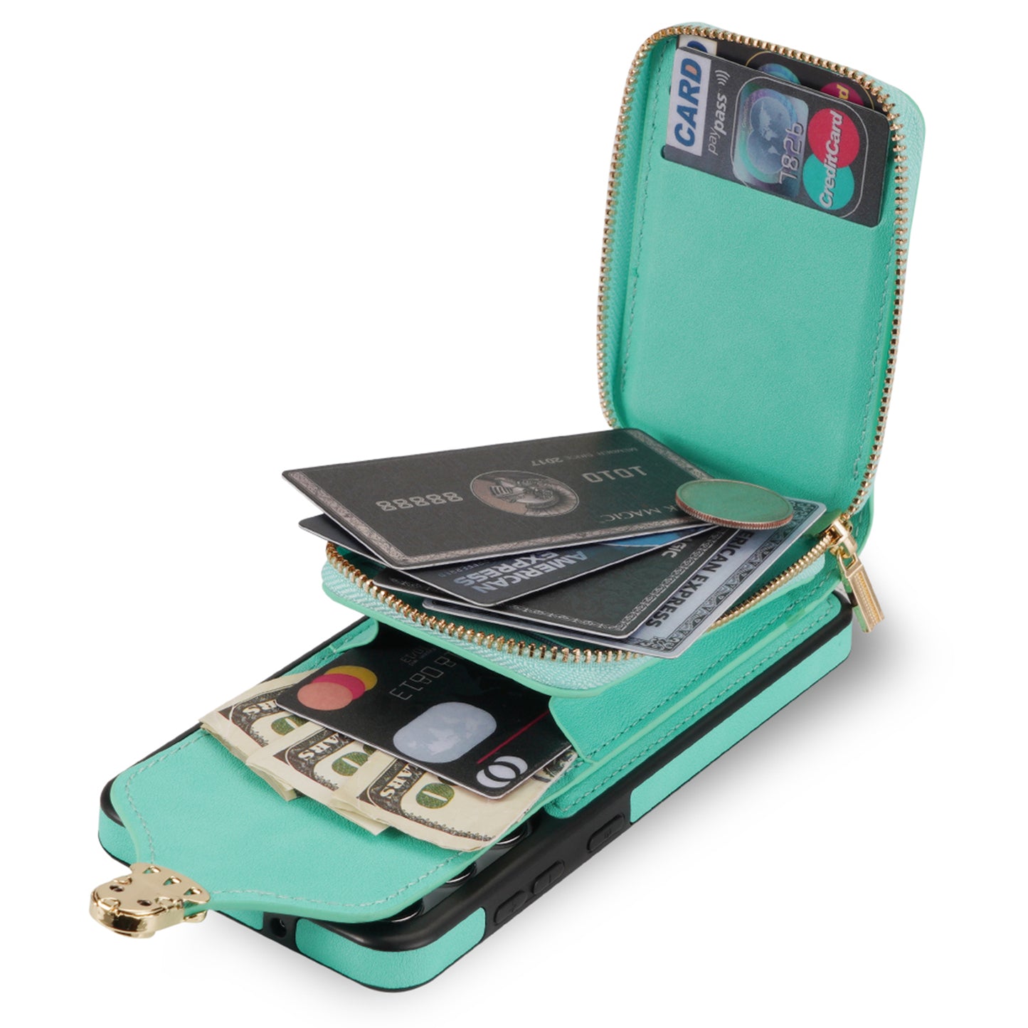 For Samsung Galaxy A16 5G / 4G Case Zipper Wallet Leather+TPU Phone Cover with Strap - Mint Green