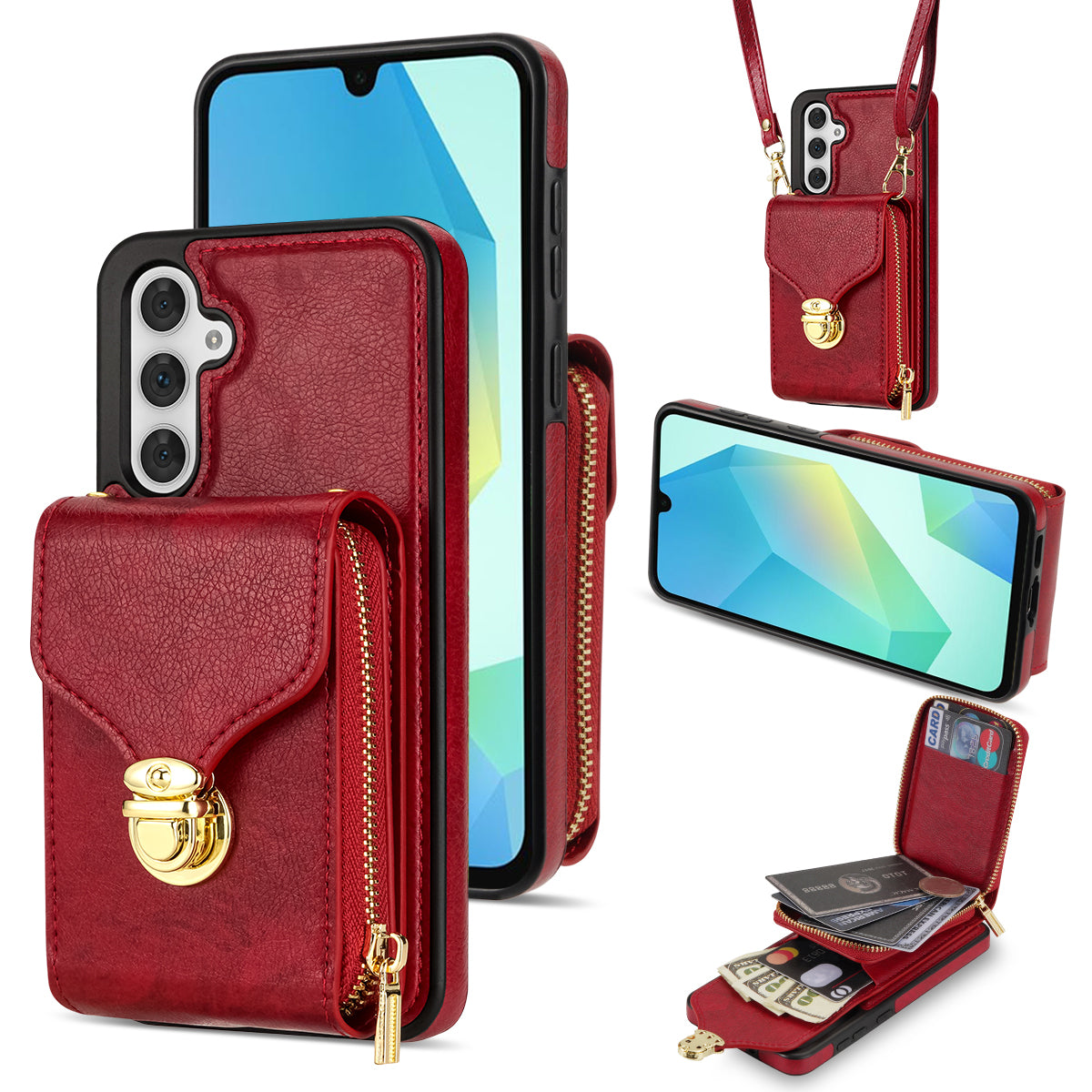 For Samsung Galaxy A16 5G / 4G Case Zipper Wallet Leather+TPU Phone Cover with Strap - Red