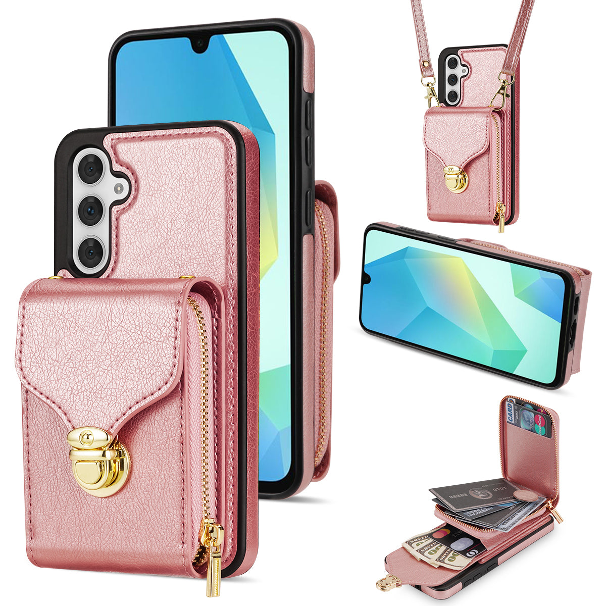 For Samsung Galaxy A16 5G / 4G Case Zipper Wallet Leather+TPU Phone Cover with Strap - Rose Gold
