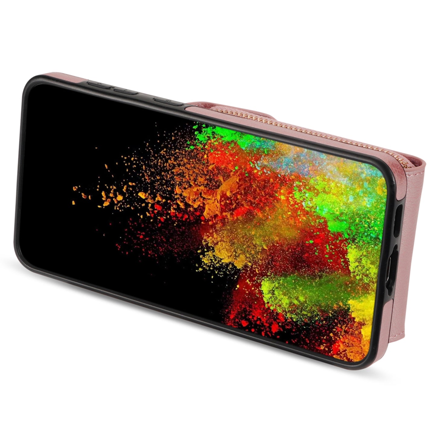 For Samsung Galaxy A16 5G / 4G Case Zipper Wallet Leather+TPU Phone Cover with Strap - Rose Gold