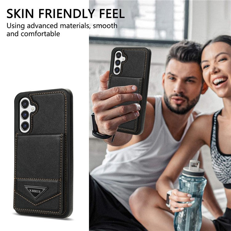 N.BEKUS For Samsung Galaxy S24 FE Case Leather+TPU Kickstand Phone Cover with Card Holder - Black