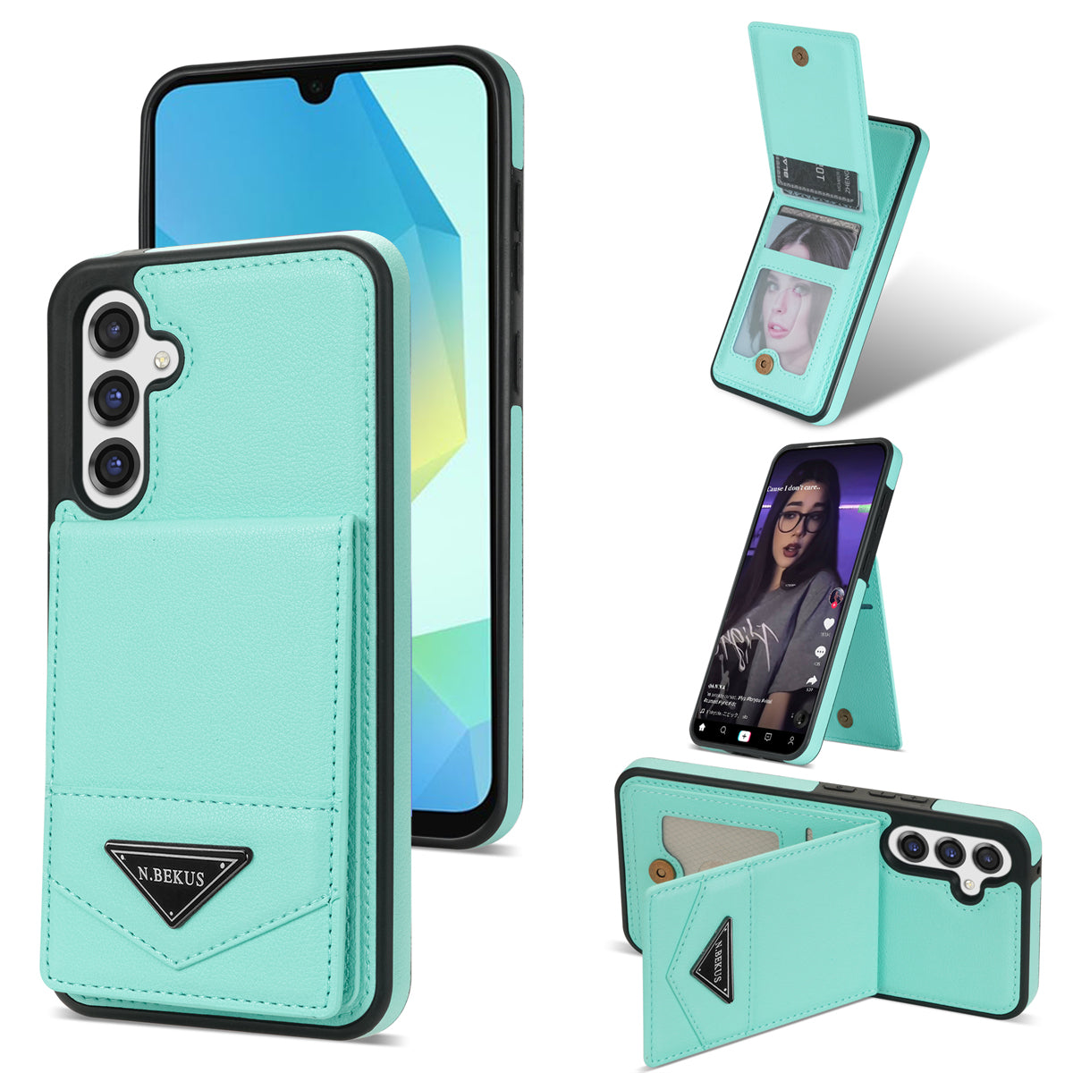 N.BEKUS For Samsung Galaxy A16 5G / 4G Case Leather+TPU Kickstand Phone Cover with Card Holder - Green