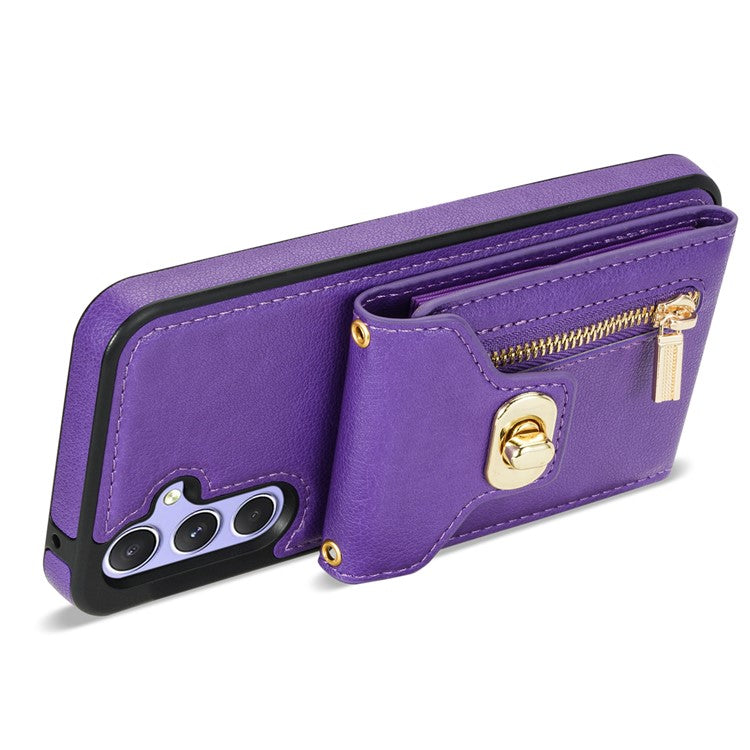 For Samsung Galaxy S24 FE Case Leather + TPU Phone Cover with Card Bag, Shoulder Strap - Purple