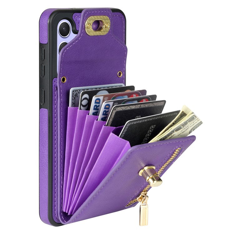 For Samsung Galaxy S24 FE Case Leather + TPU Phone Cover with Card Bag, Shoulder Strap - Purple
