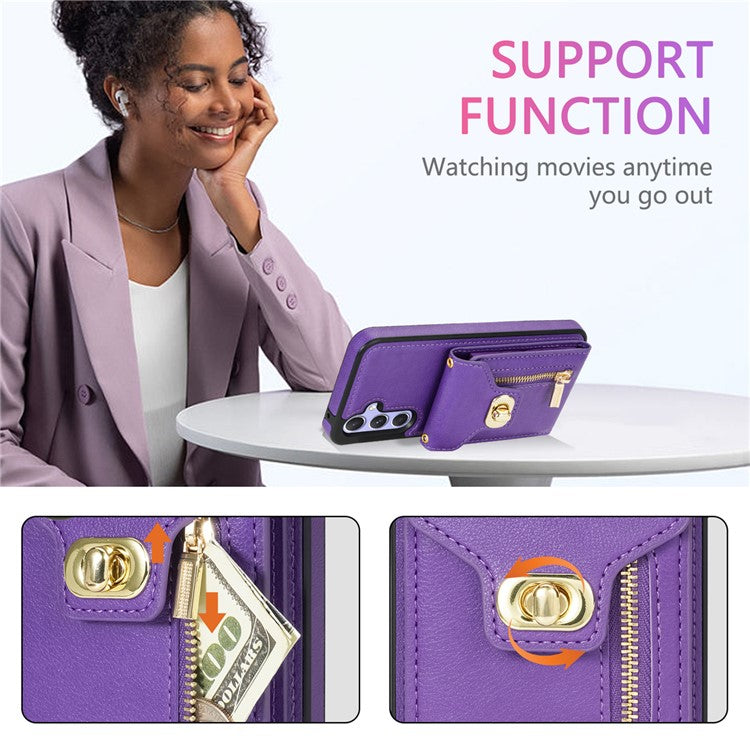 For Samsung Galaxy S24 FE Case Leather + TPU Phone Cover with Card Bag, Shoulder Strap - Purple