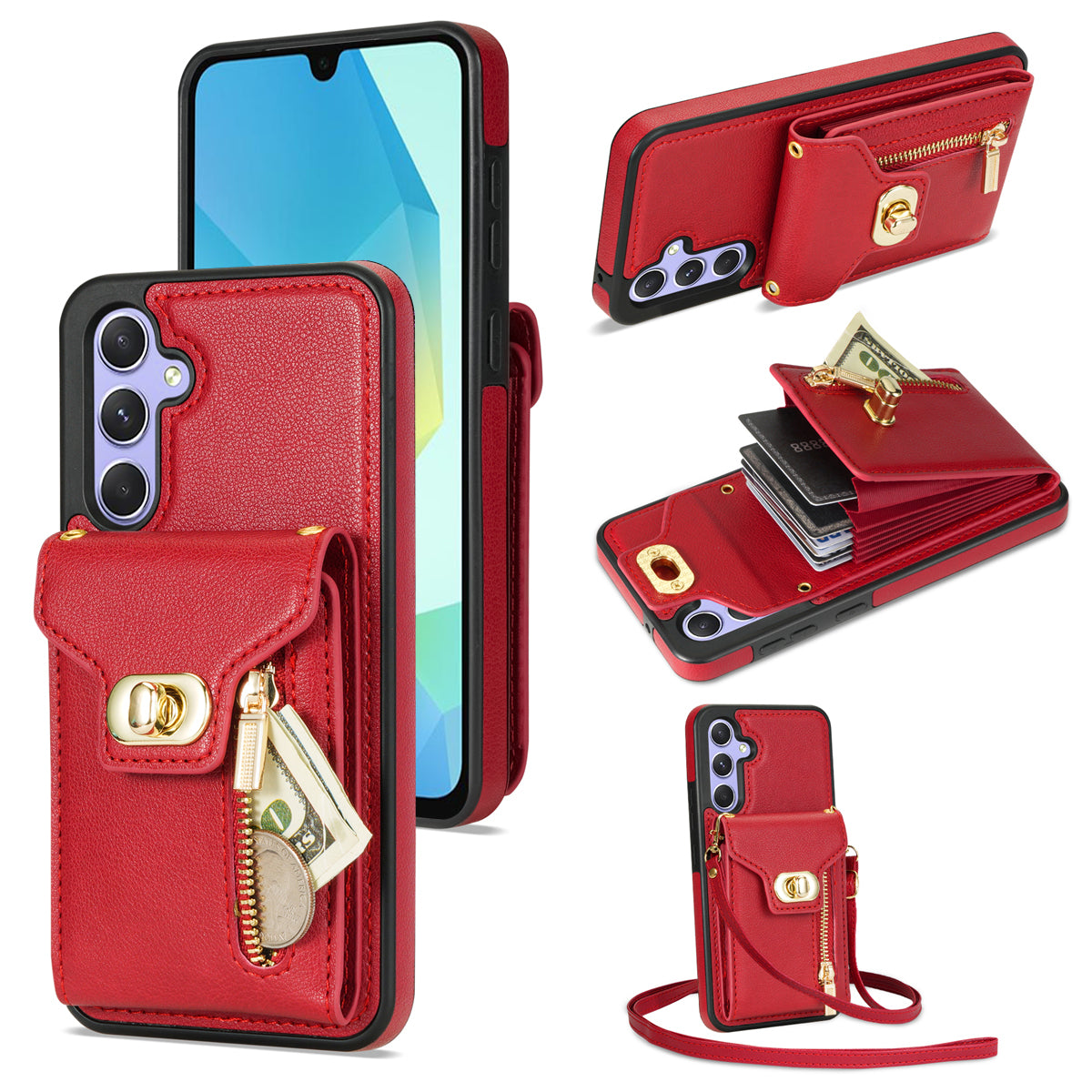 For Samsung Galaxy A16 5G / 4G Case Leather + TPU Phone Cover with Card Bag, Shoulder Strap - Red
