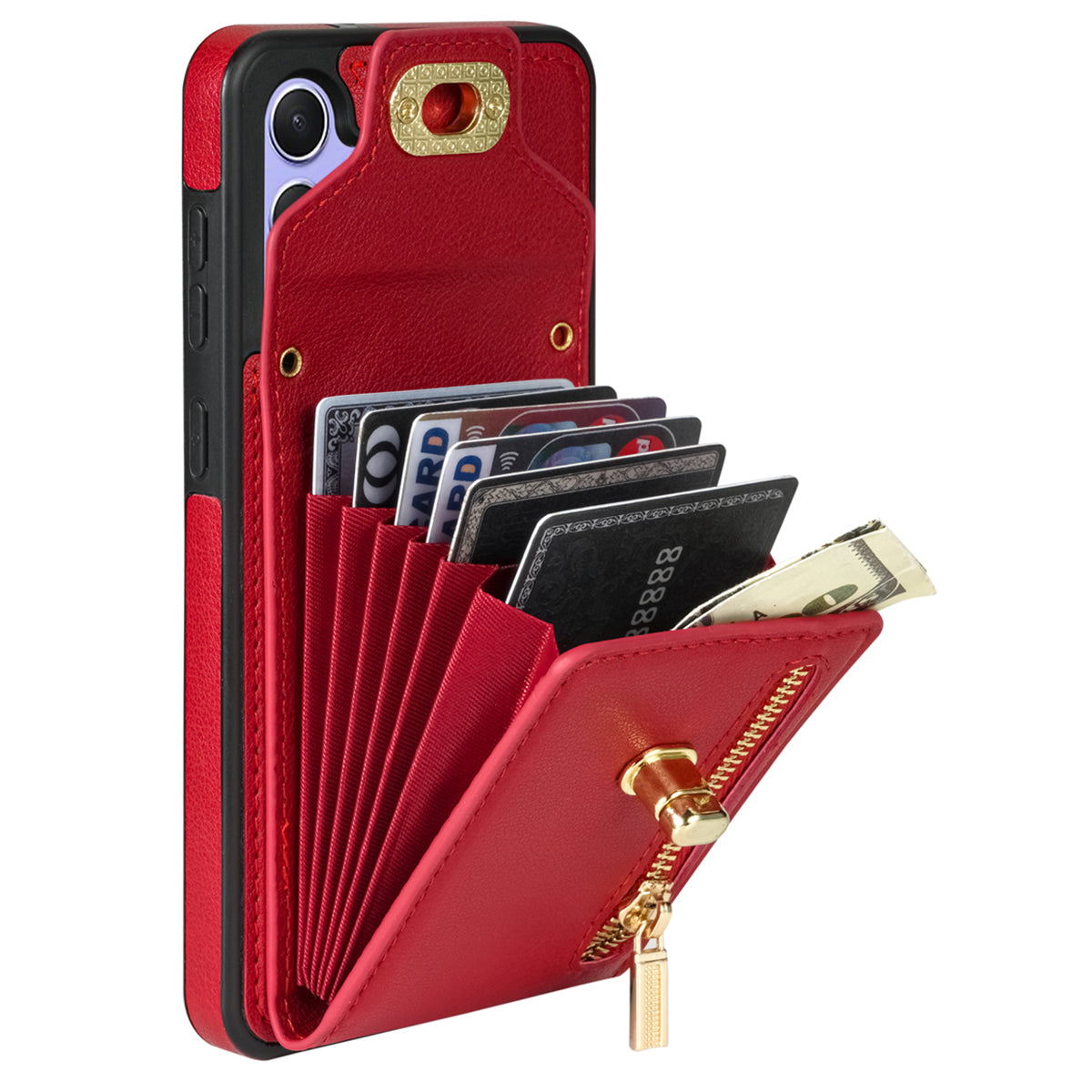 For Samsung Galaxy A16 5G / 4G Case Leather + TPU Phone Cover with Card Bag, Shoulder Strap - Red