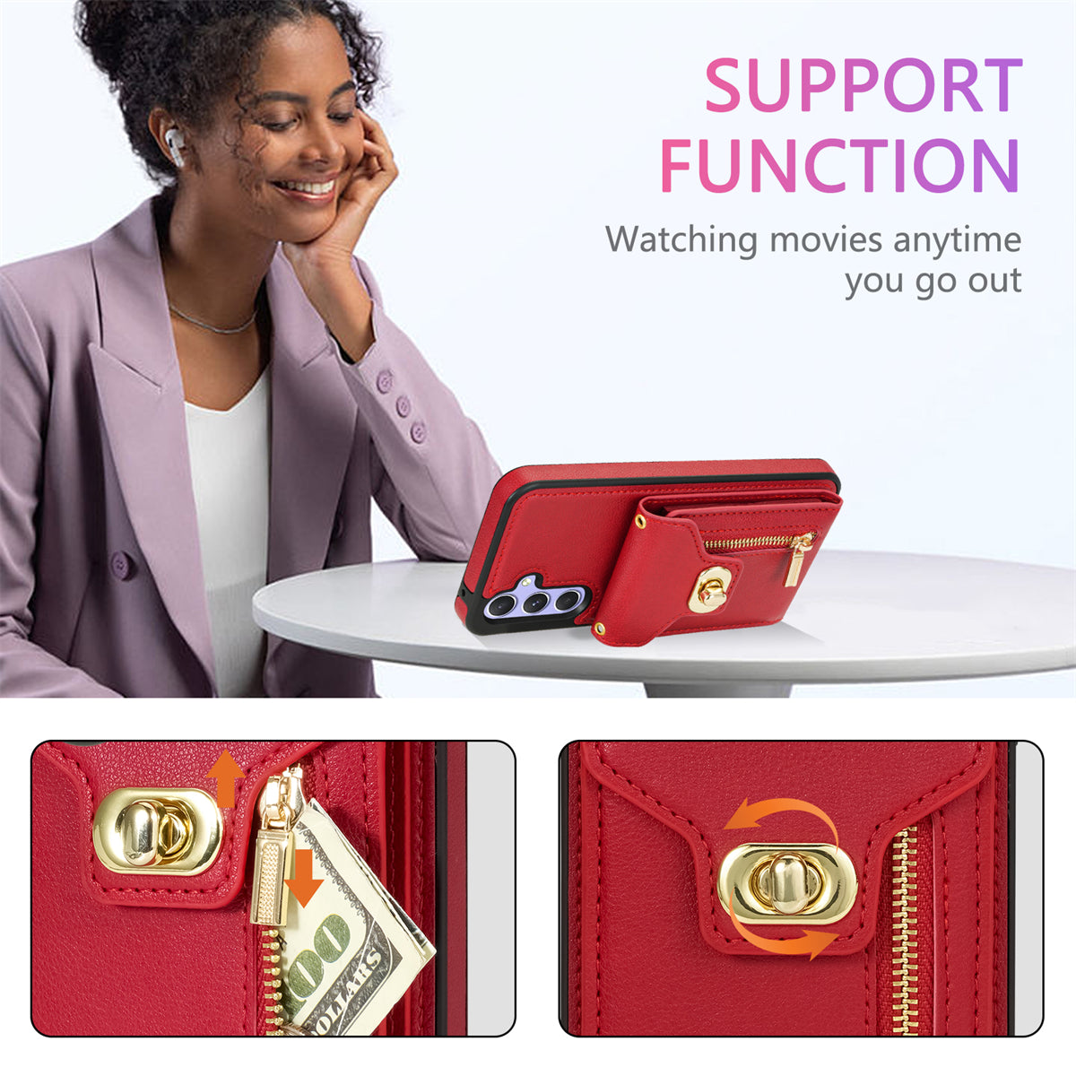 For Samsung Galaxy A16 5G / 4G Case Leather + TPU Phone Cover with Card Bag, Shoulder Strap - Red