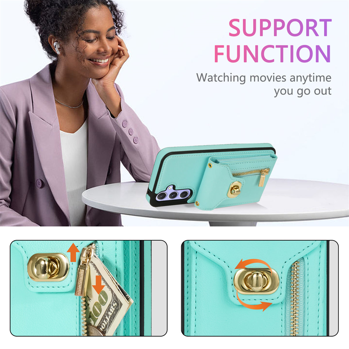 For Samsung Galaxy A16 5G / 4G Case Leather + TPU Phone Cover with Card Bag, Shoulder Strap - Green