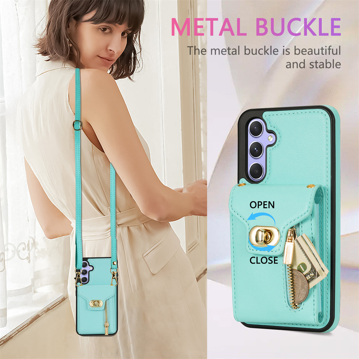 For Samsung Galaxy A16 5G / 4G Case Leather + TPU Phone Cover with Card Bag, Shoulder Strap - Green