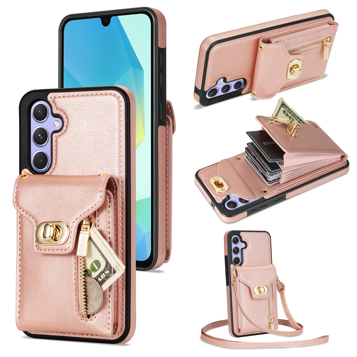For Samsung Galaxy A16 5G / 4G Case Leather + TPU Phone Cover with Card Bag, Shoulder Strap - Pink