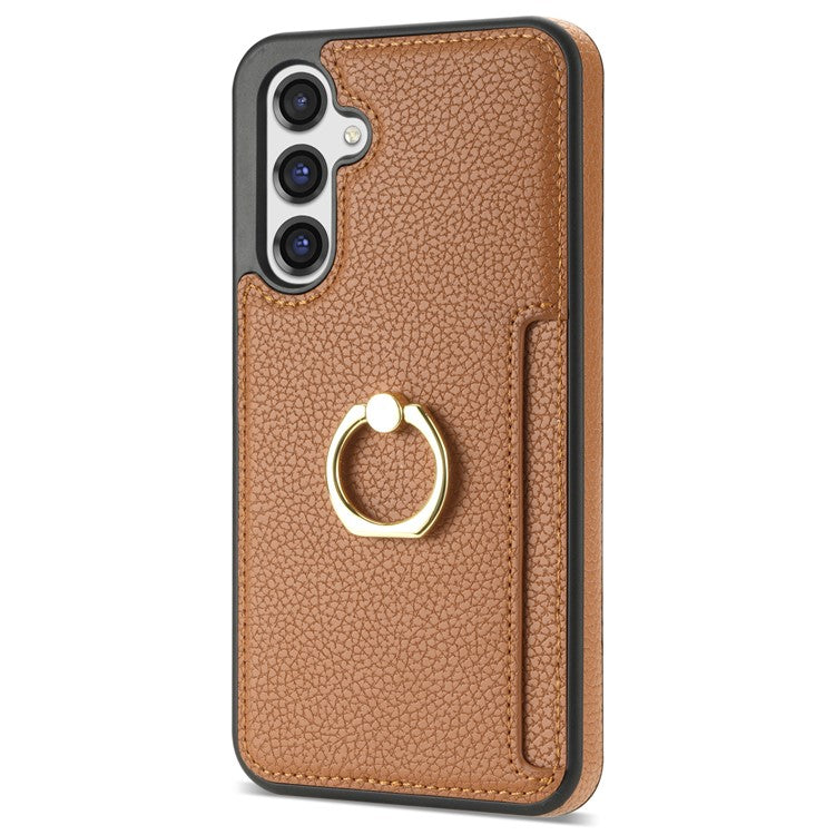 For Samsung Galaxy S25 Case Ring Kickstand PU+TPU Card Holder Phone Cover - Brown