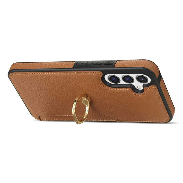 For Samsung Galaxy S25 Case Ring Kickstand PU+TPU Card Holder Phone Cover - Brown
