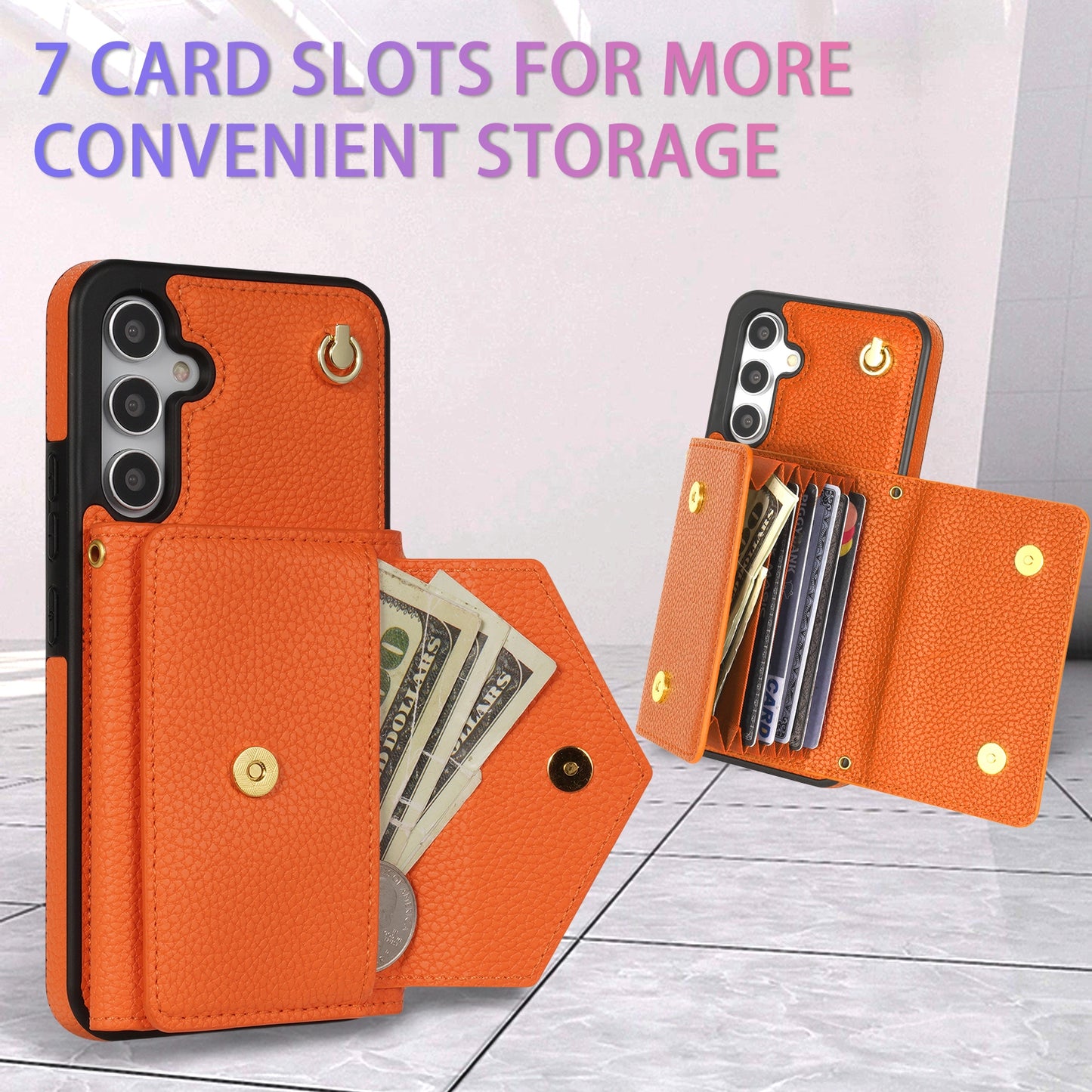 For Samsung Galaxy A16 4G / 5G Case Card Slots PU+TPU Cell Phone Cover with Long Strap - Orange