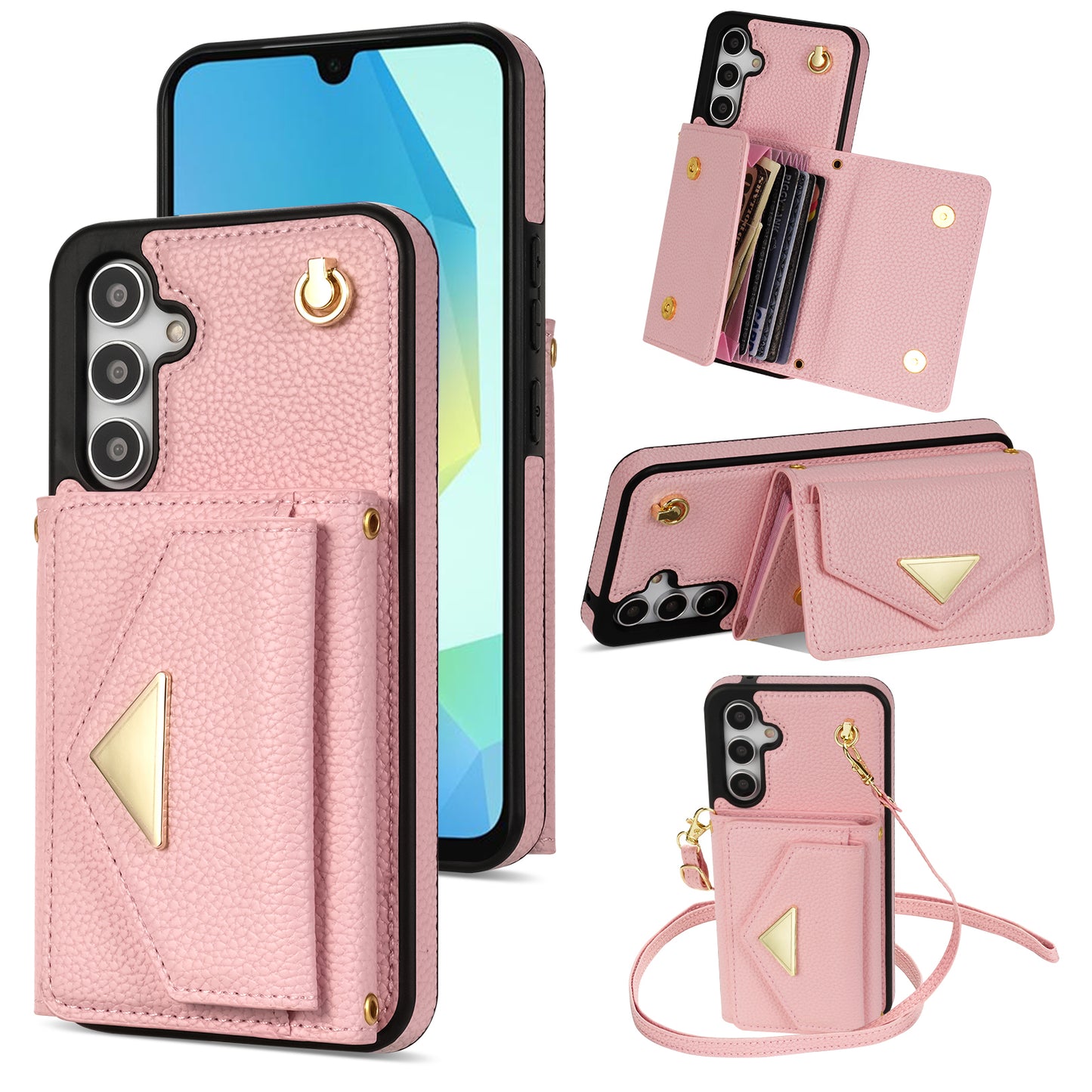 For Samsung Galaxy A16 4G / 5G Case Card Slots PU+TPU Cell Phone Cover with Long Strap - Pink