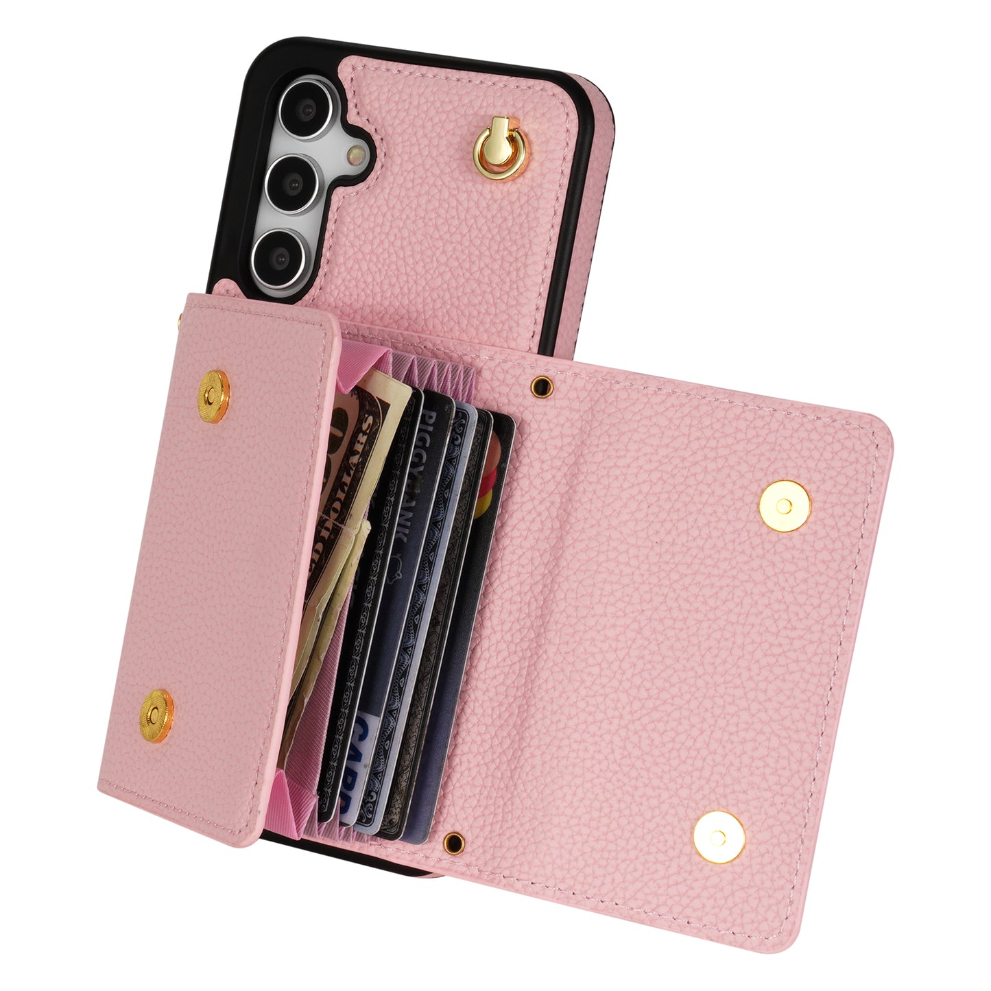 For Samsung Galaxy A16 4G / 5G Case Card Slots PU+TPU Cell Phone Cover with Long Strap - Pink