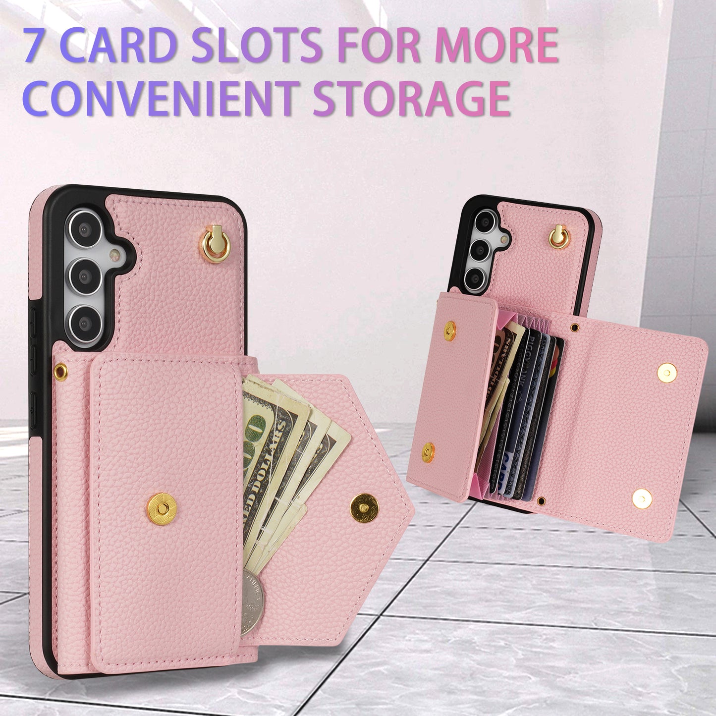 For Samsung Galaxy A16 4G / 5G Case Card Slots PU+TPU Cell Phone Cover with Long Strap - Pink