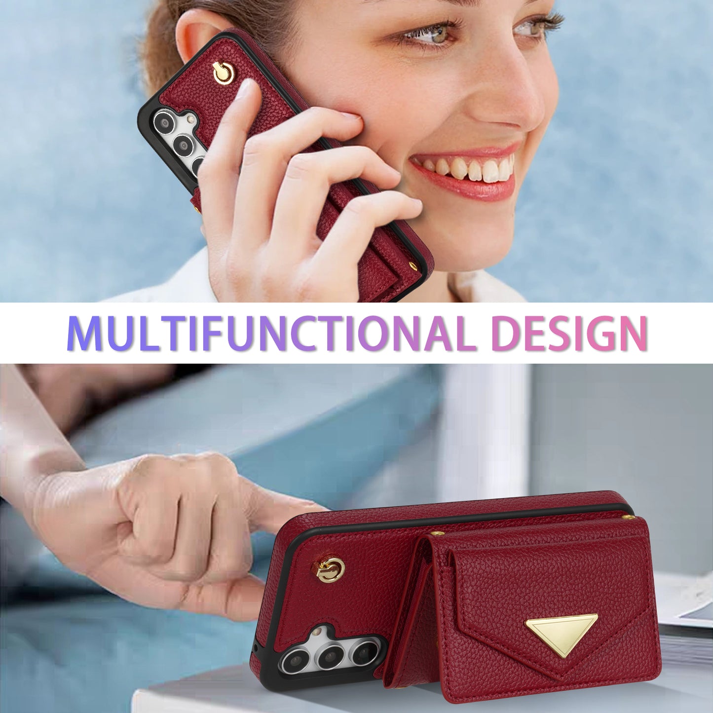 For Samsung Galaxy A16 4G / 5G Case Card Slots PU+TPU Cell Phone Cover with Long Strap - Wine Red