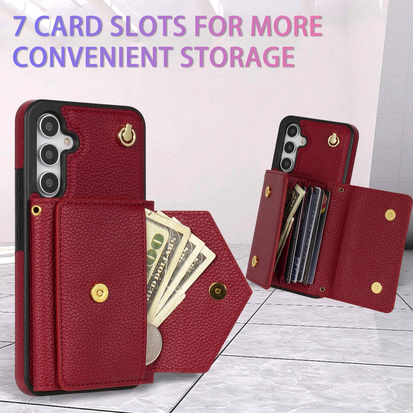 For Samsung Galaxy A16 4G / 5G Case Card Slots PU+TPU Cell Phone Cover with Long Strap - Wine Red