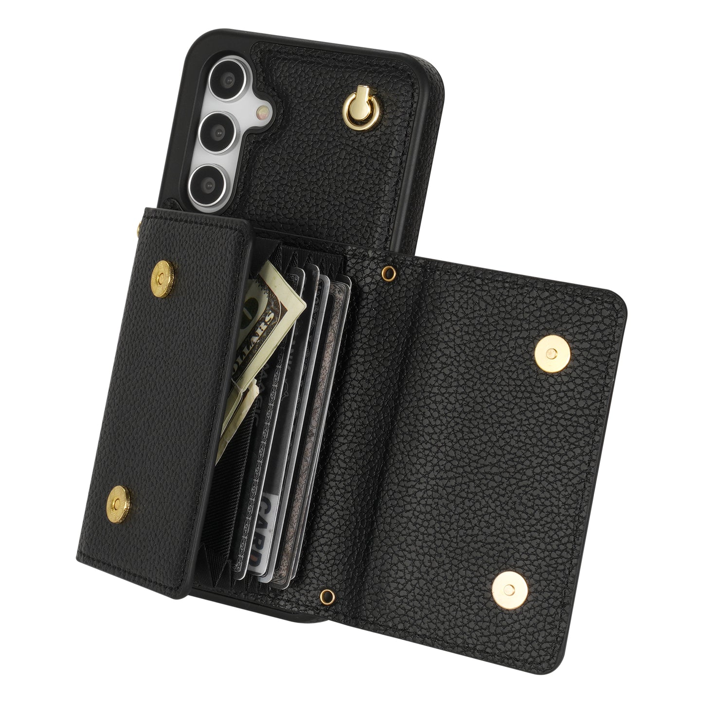 For Samsung Galaxy A16 4G / 5G Case Card Slots PU+TPU Cell Phone Cover with Long Strap - Black