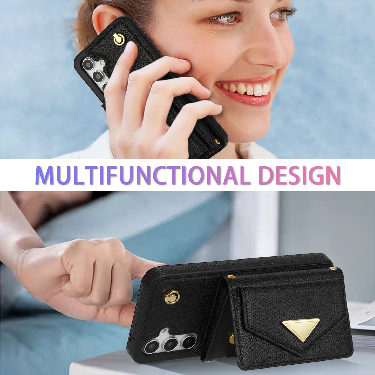 For Samsung Galaxy A16 4G / 5G Case Card Slots PU+TPU Cell Phone Cover with Long Strap - Black