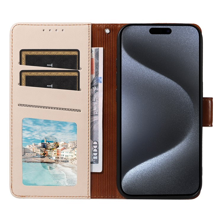 For iPhone 16 Plus Case RFID Blocking PU Leather Wallet Flip Phone Cover with Wrist Strap - Apricot
