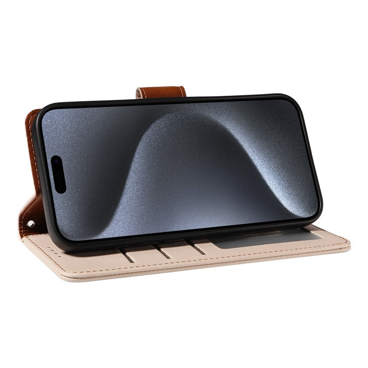 For iPhone 16 Plus Case RFID Blocking PU Leather Wallet Flip Phone Cover with Wrist Strap - Apricot