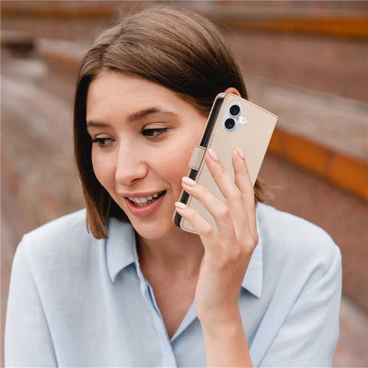 For iPhone 16 Plus Case RFID Blocking PU Leather Wallet Flip Phone Cover with Wrist Strap - Apricot