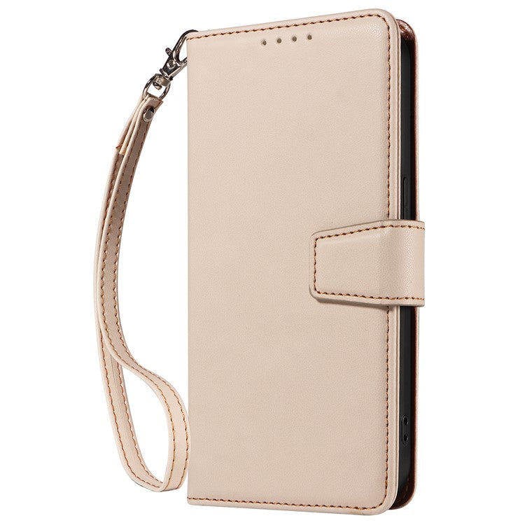 For iPhone 16 Plus Case RFID Blocking PU Leather Wallet Flip Phone Cover with Wrist Strap - Apricot